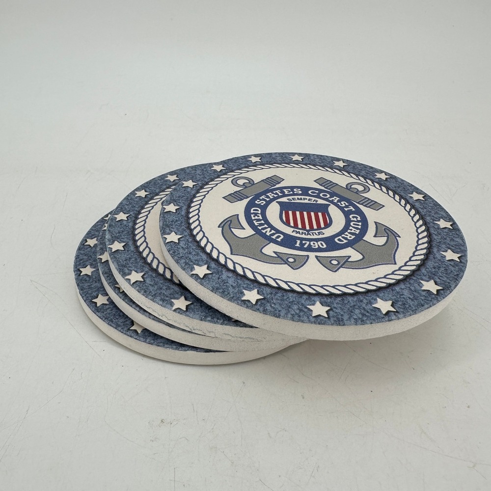 US Coast Guard Absorbent Stone Coasters Set of 4 Cork Backed USCG Nautical Seal